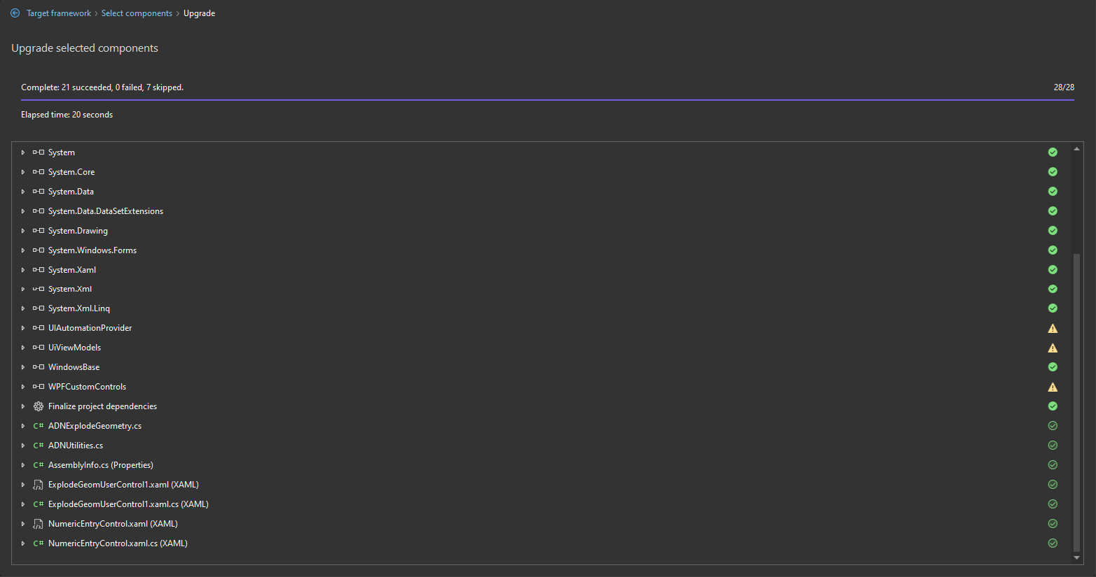 Upgrade completion status. Some warnings for now, nothing to worry about.