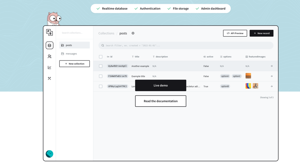 PocketBase feature snippet from https://pocketbase.io 
